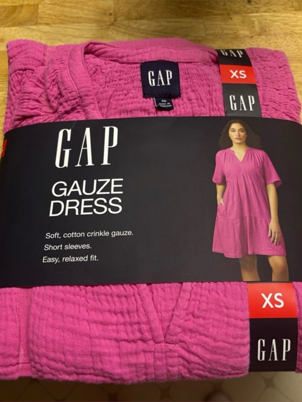 NWT Gap Women's Cotton Gauze Tiered Dress Fuchsia Pink Short Sleeve with Pockets